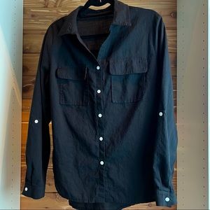 Women’s Black V-neck Button Down Shirt, Long Sleeve with Roll-up Cuff Option - M